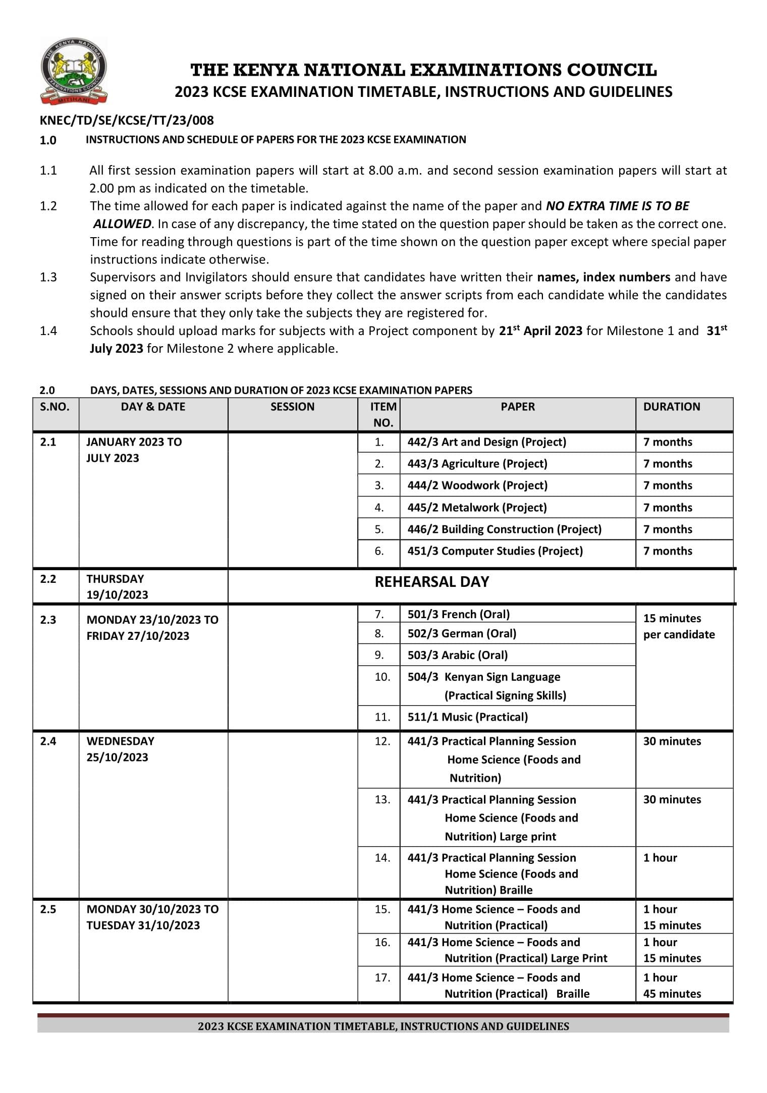 The 2023 KCSE exam timetable image 1