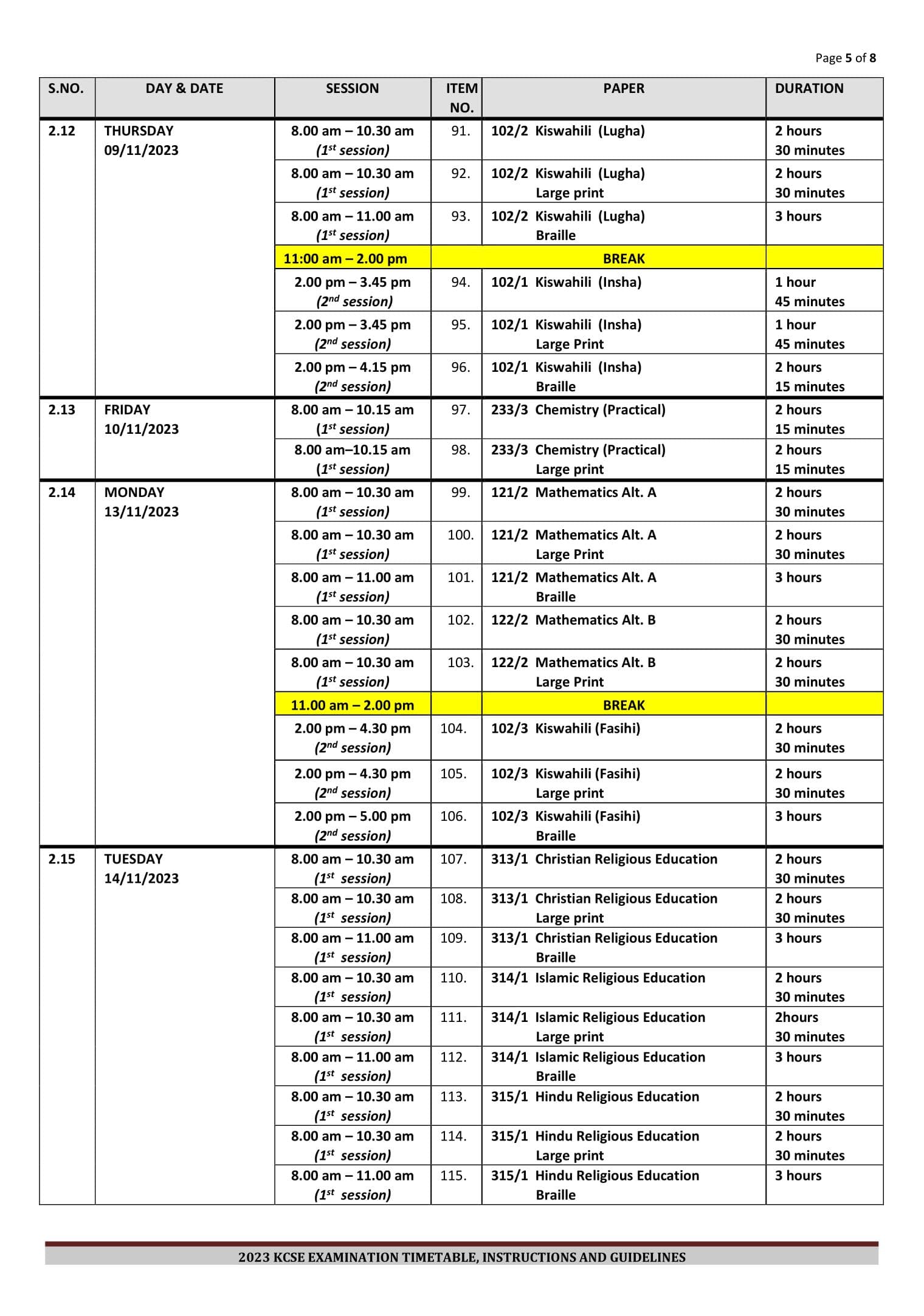 The 2023 KCSE exam timetable image 5