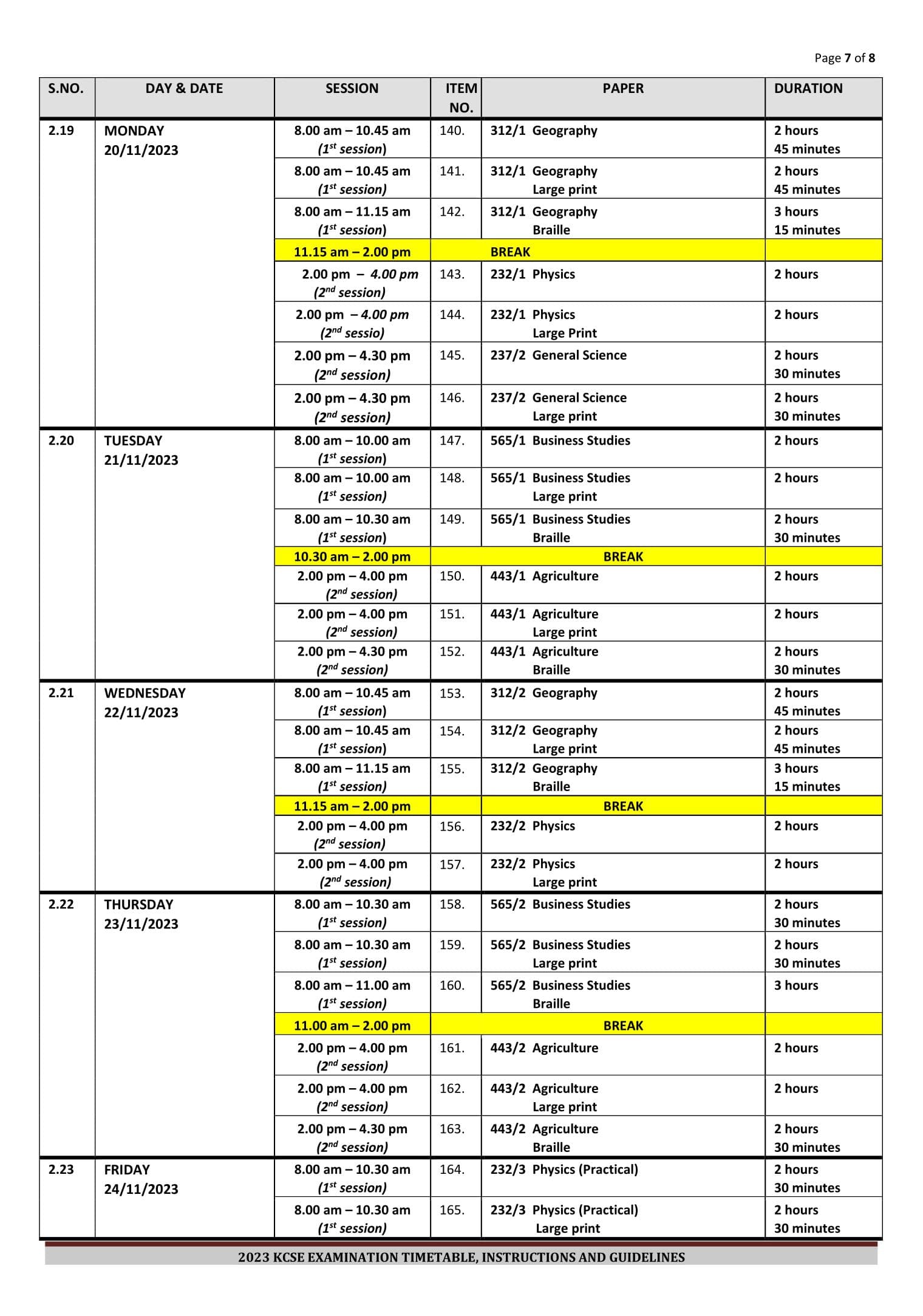 The 2023 KCSE exam timetable image 7