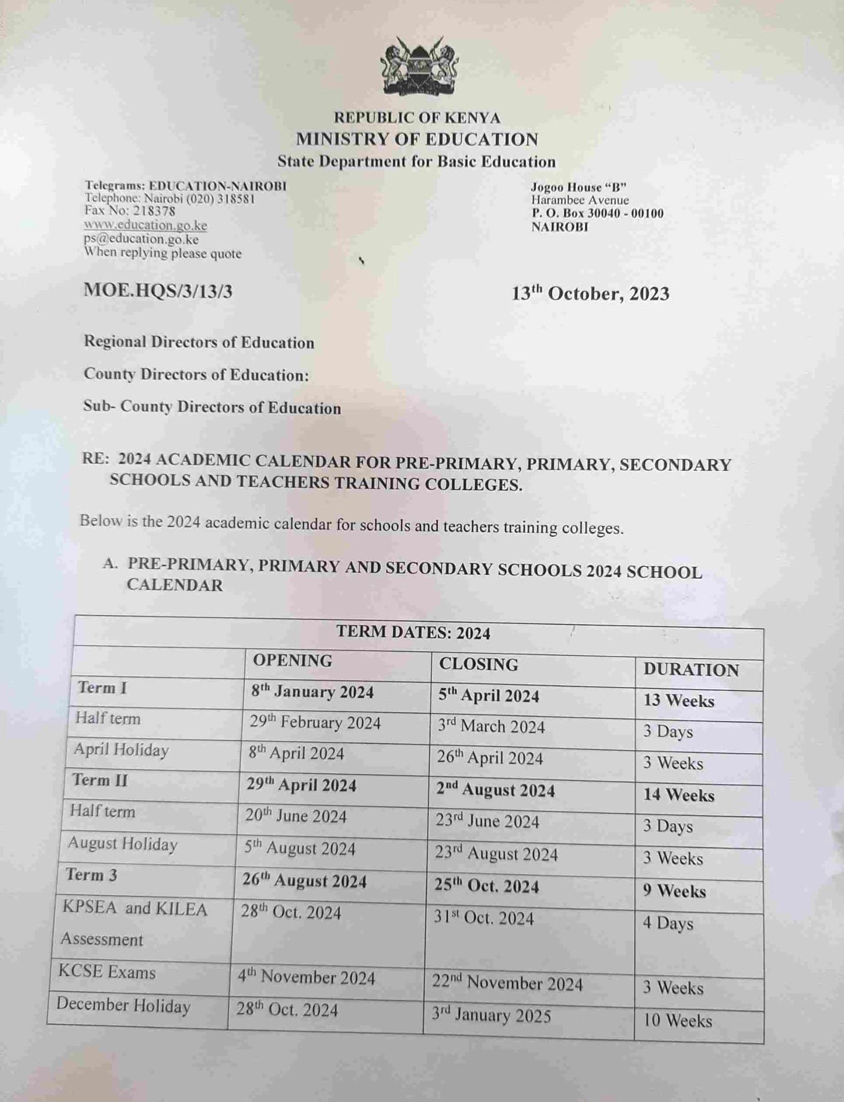 Ministry releases 2024 academic calendar for schools image 1