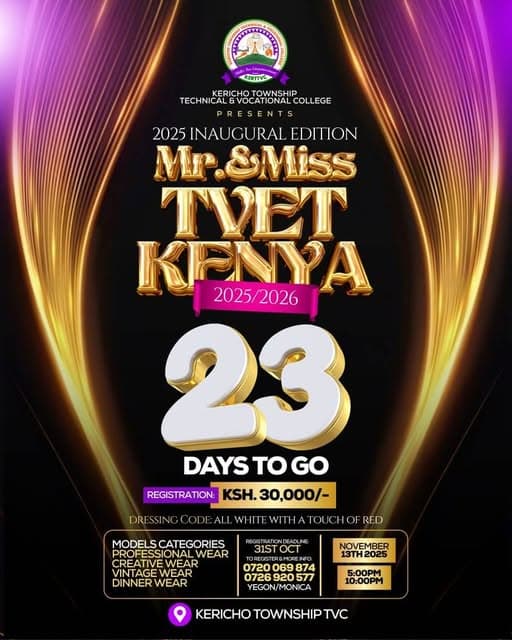 Mr and Miss TVET Kenya set for debut at Kericho Township TVC