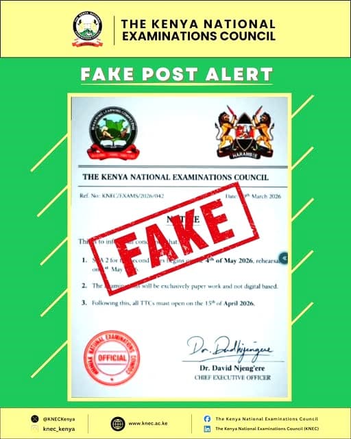 KNEC warns public against fake exam notice circulating online