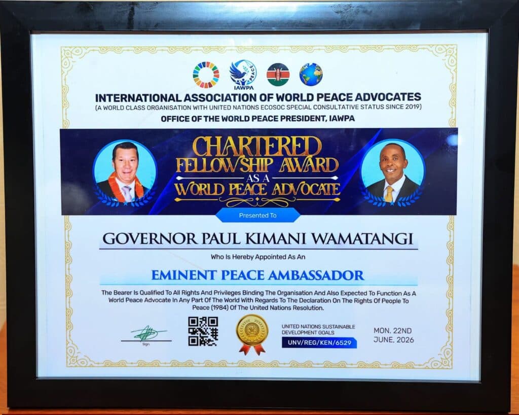 Governor Wamatangi honoured with Peace Ambassador for Development Achievements title image 1