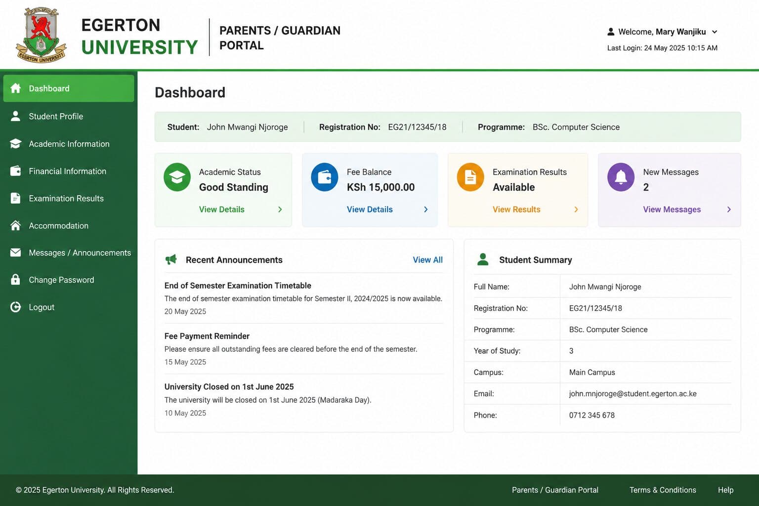 Egerton University Parents/Guardian Portal allows parents to monitor students’ academic and financial progress