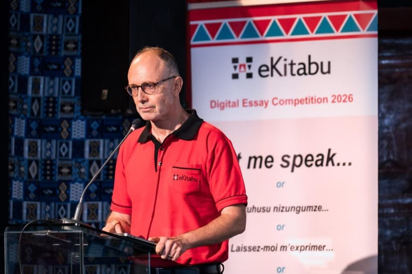 eKitabu Chief Executive Officer Will Clurman speaks during the launch of the Digital Essay Competition at Alliance Française in Nairobi on May 7, 2026. The event was held on the sidelines of the Africa Forward Fest. Photo: Jina Kubwa Creatives