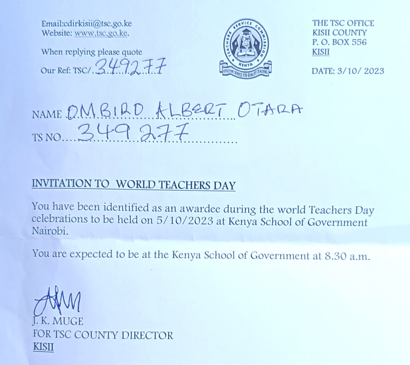 TSC awards Cardinal Otunga Principal on World Teachers Day image 1