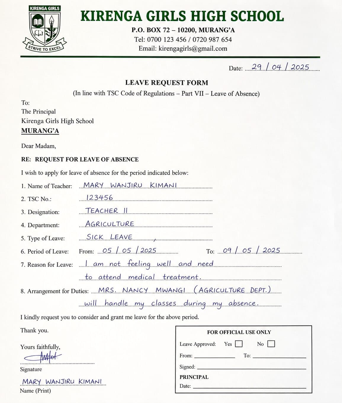 School in Kiambu bans casual leave requests, orders teachers to follow stipulated TSC rules