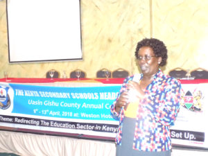 TSC Acting Director Teacher Management Mrs Mary Rotich addresses school princpals from Uasin Gishu County during their annual conference at the Weston Hotel Nairobi.