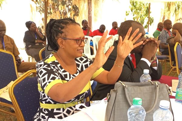 Western region TSC Director Lilian Mwangi Wachira acknowledging cheers from teachers. Photo Charles Ojiambo