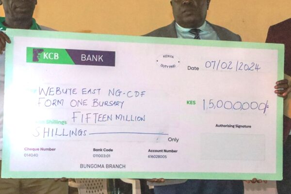 The dummy cheque presented by MP Martin Wanyonyi.