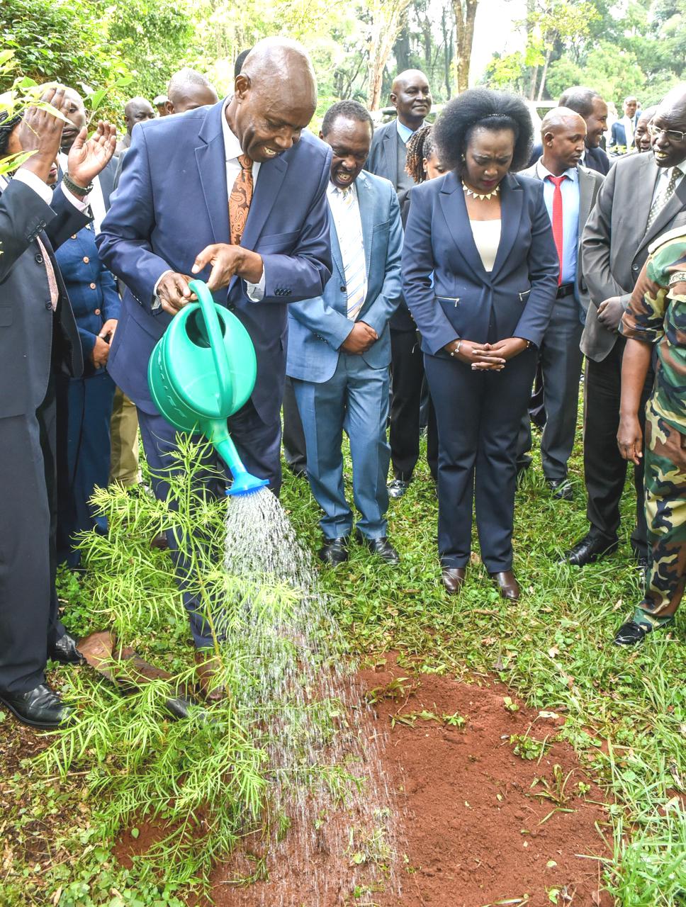 CS Ezekiel Machogu leaders to plant and water seedlings during Climate Change consultative meeting with CS SoipanTuya. Photo Enock Okongo