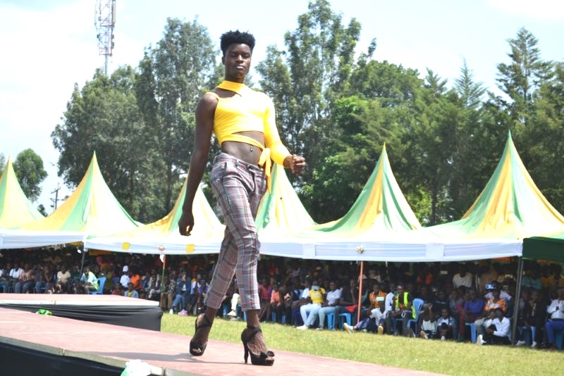 Hair dressing student one Brian modeling during the event. Photo Albert Muteshi