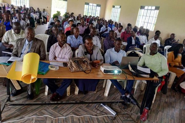 Teachers from Rarieda Sub County in Siaya following proceedings during a TIMEC training in Siaya town recently. Photo Martin Omuga