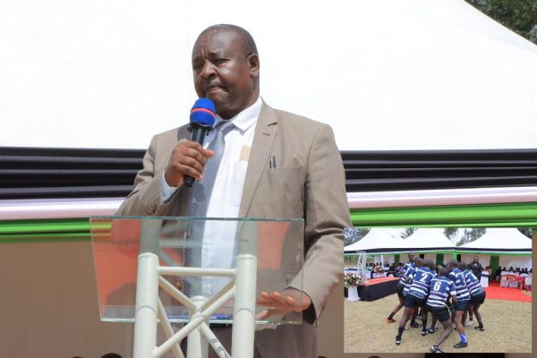 Makueni County Director of Education Charles Nyakundi commends Kitondo School for academic excellence and outstanding sportsmanship Photo Lydia Ngoolo