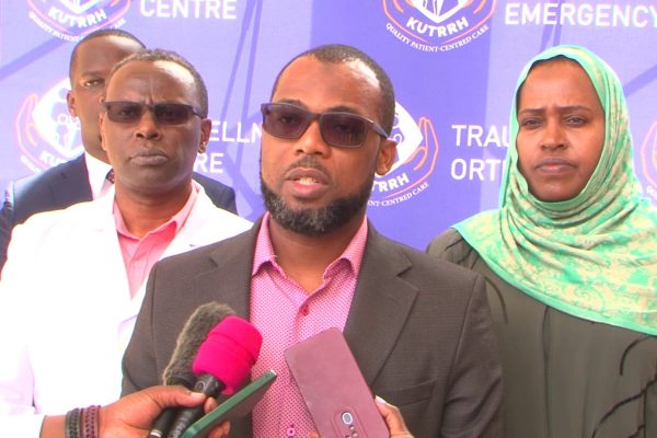 Dr Abeid Athman the head of oncology department at KUTRRH speaking during the precision treatment conference for dotors at the facility on Monday