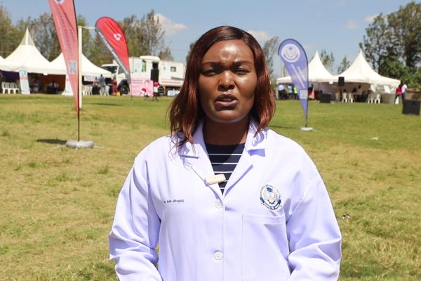 Dr Ruth Mbugua the head of medical studies at Mama Ngina University College speaking at the sidelines of the free medical camp organized by the institution