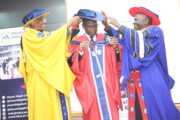 Prof Egara Kabaji center during his inauguration as the new Chancellor of Mount Kigali University in Rwanda