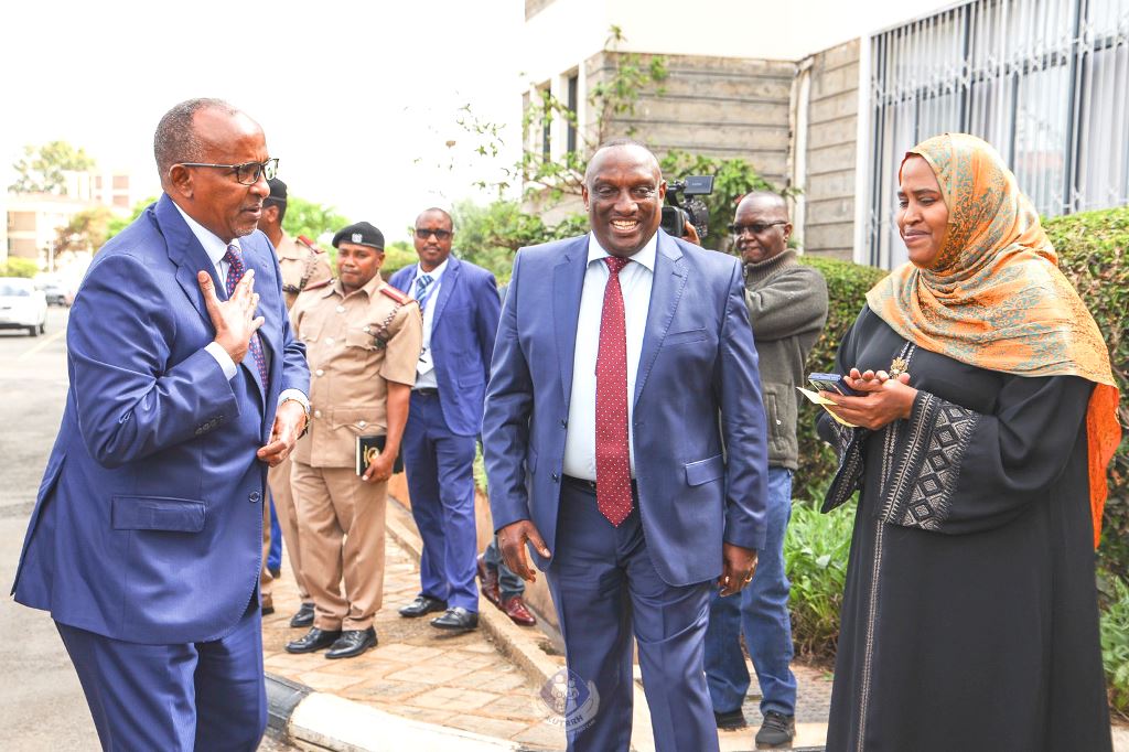Health Cabinet Secretary Aden Duale with KUTRRH Board Chairperson James Kibugu and CEO Dr Zeinab Gura