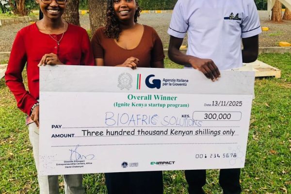 Maasai Mara University innovators receive their award as BioAfri Solns clinches first place in the Ignite Kenya Startup Challenge earning Sh 300000