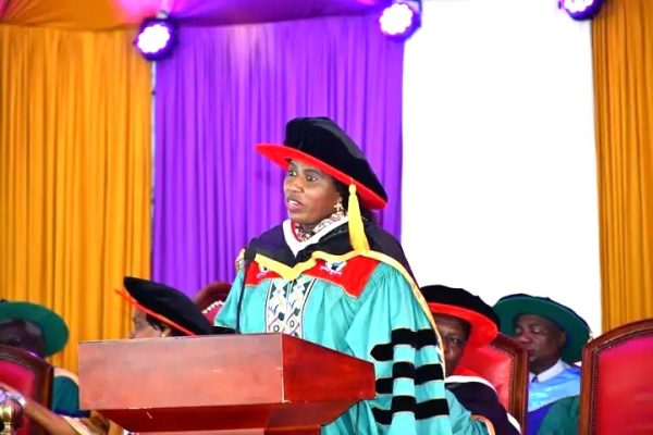 Principal Secretary for the state department for higher education and research Dr.Beatrice Inyangala making her remarks during 4th graduation ceremony at Alupe university in Busia county