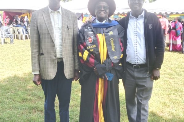 r. Eriongoa Kenyaman together with Dr.Charles Kisigot and Mr. Daniel Chelanga during the colourful certification of Transcripts and Certificates at CUEA Gaba in Eldoret