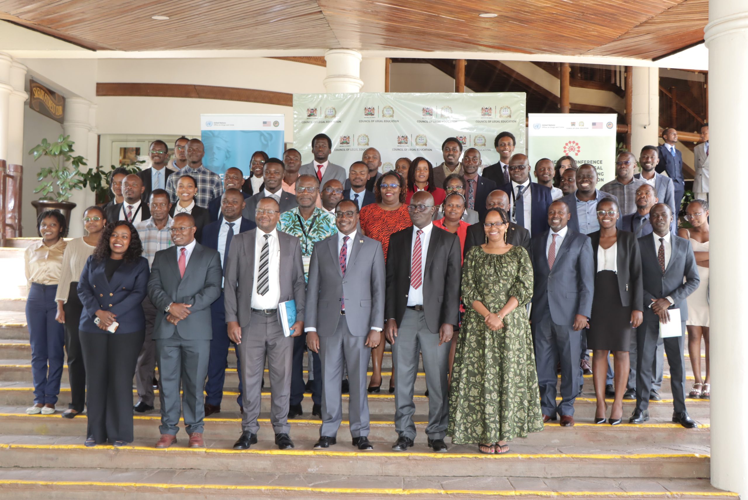 Education CS Julius Ogamba Council of Legal Education chair Prof. Collins Odote and CLE CEO Prof. Busalile Mwimali and other stakeholders during Legal Education Conference .Photo Obegi Malack