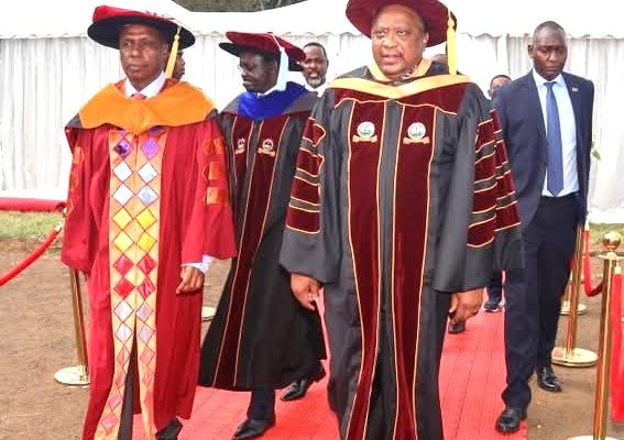 Former President Uhuru Kenyatta heading to the graduation square to preside over Kabarak University Graduation Ceremony