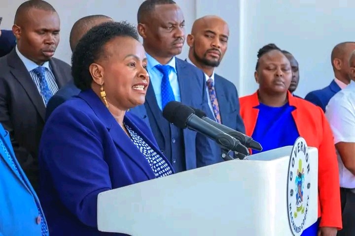 Machakos Governor Wavinya Ndeti flanked by Members of the County Assembly outside her office in Machakos on Tuesday December 92025