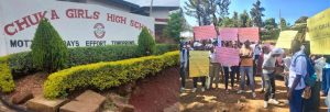 A collage of Chuka Girls High School and demonstrating parents