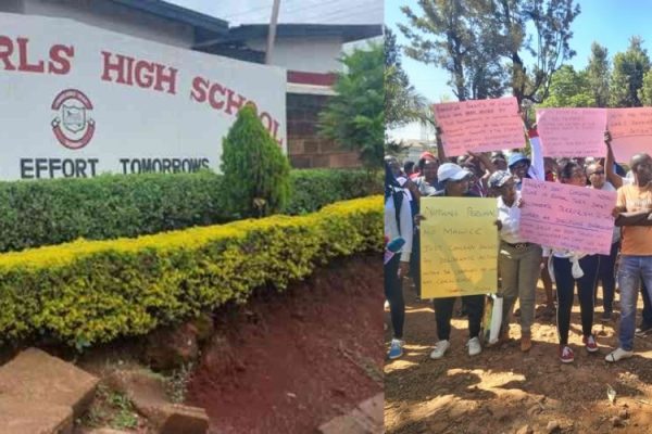 A collage of Chuka Girls High School and demonstrating parents