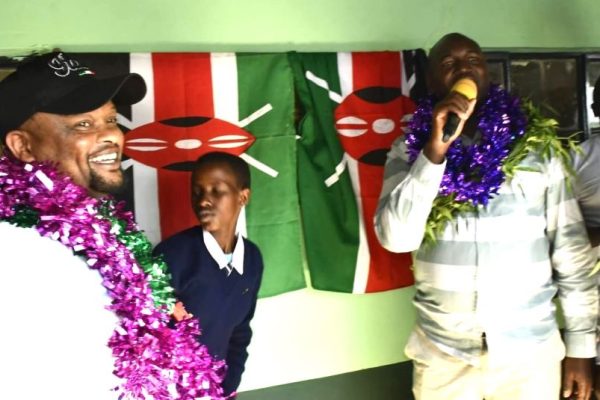 Basic Education PS Prof. Julius Bitok and Konoin MP Brighton Yegon during the commissioning of 14 newly renovated classrooms at Kenyagoro Primary School in Bomet County