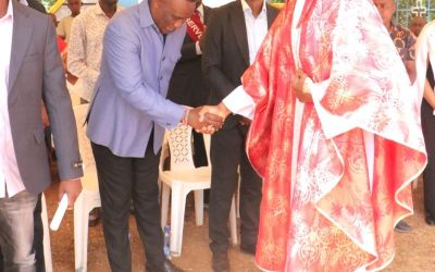 Catholic Diocese of Machakos Bishop Norman Kingoo greets Matungulu MP Stephen Mule during a Sunday service at Kinyui Catholic Church in Matungulu Constituency on Sunday February 8 2025 refined