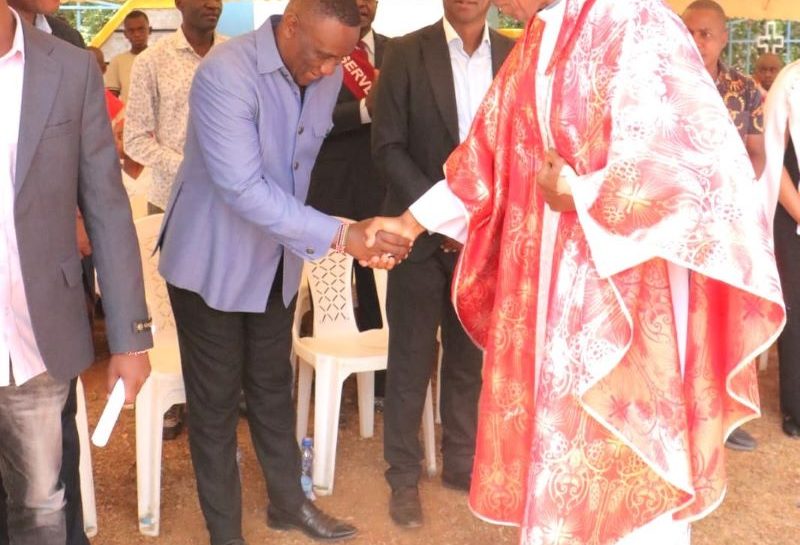Catholic Diocese of Machakos Bishop Norman Kingoo greets Matungulu MP Stephen Mule during a Sunday service at Kinyui Catholic Church in Matungulu Constituency on Sunday February 8 2025 refined