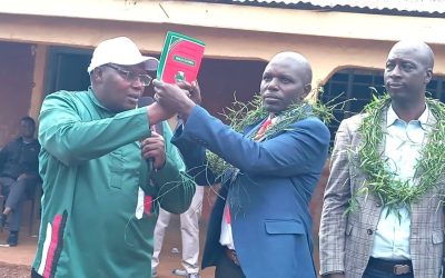 KNUT National Chairman Patrick Karinga left with newly elected KNUT Transmara Branch Chairman James Leparan centre and Executive Secretary Rodgers Limpaso