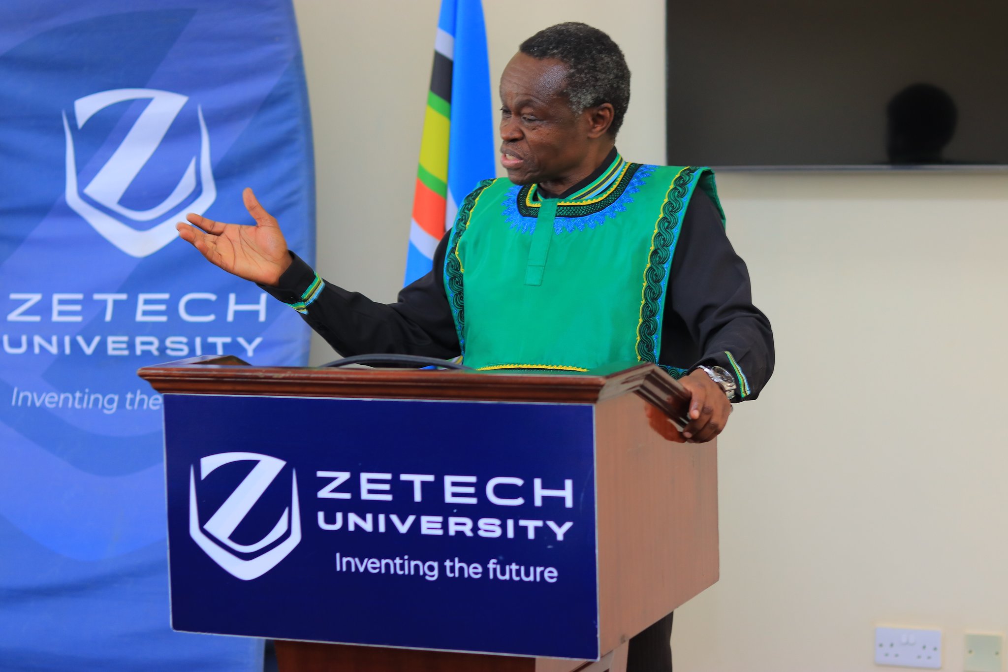 PLO Lumumba challenges students to be agents of peace, lead with integrity 2 Legal Scholar and governance expert PLO Lumumba speaking at Zetech University Mangu campus in Juja