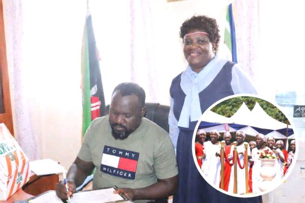Lugulu boarding headteacher Jane Ngichabe with Bungoma senator Wafula Wakoli