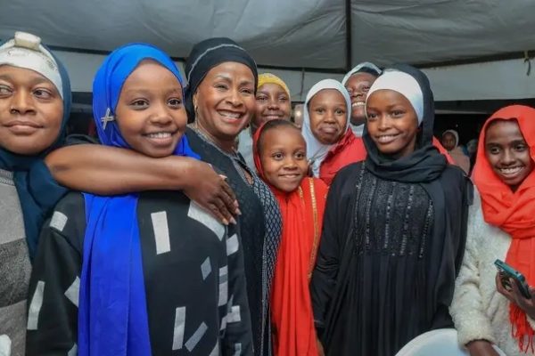 Machakos Governor Wavinya Ndeti(center)with a section of Muslim youths during an Iftar dinner hosted at her office on March 18,2026.