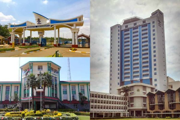 A composite image of Kenyatta university, Moi University and the University of Nairobi.