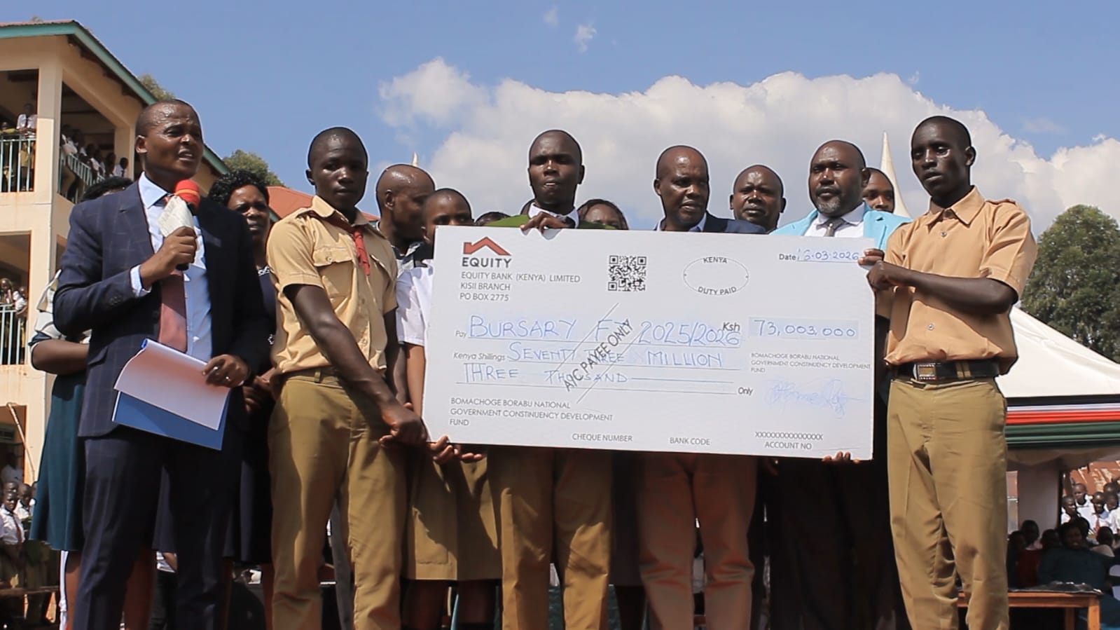 Bamachoge/Borabu MP Baringo launching the expanded bursary scheme that will benefit at least 13,700 students.