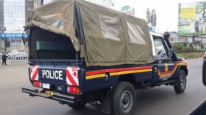 Nyamira County police vehicle ferrying the teacher's body to mortuary
