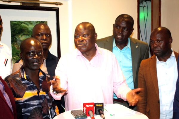 KUPPET Secretary General Akello Misori (centre) alongside Nyanza delegates