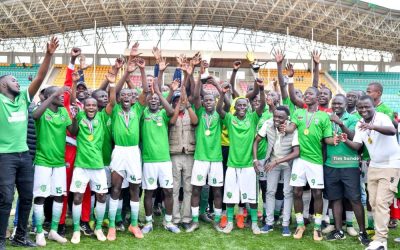 Kakamega School players celebrate after lifting the Super 8 trophy at Bukhungu Stadium following their victory over St. Anthony’s Kitale.