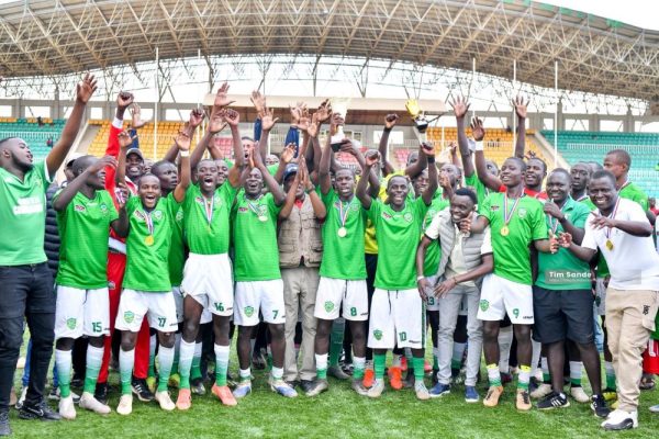 Kakamega School players celebrate after lifting the Super 8 trophy at Bukhungu Stadium following their victory over St. Anthony’s Kitale.