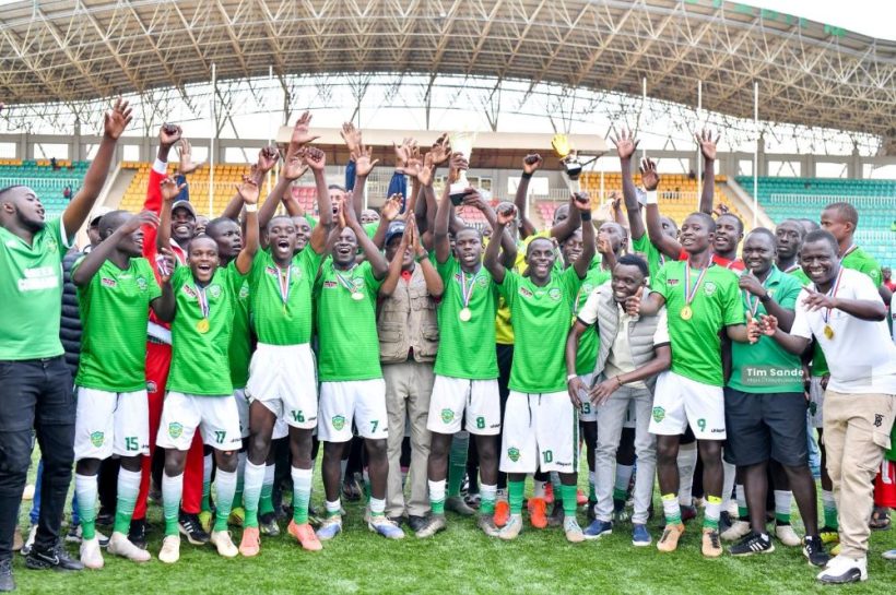 Kakamega School players celebrate after lifting the Super 8 trophy at Bukhungu Stadium following their victory over St. Anthony’s Kitale.