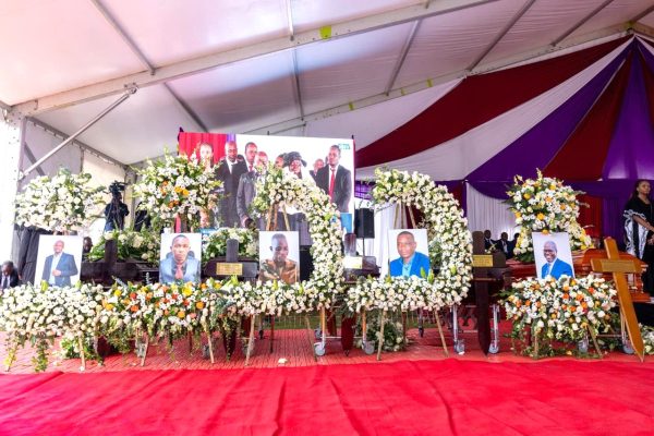 President William Ruto addressing mourners during the joint funeral service for victims of the Nandi County helicopter crash in Naro teacher
