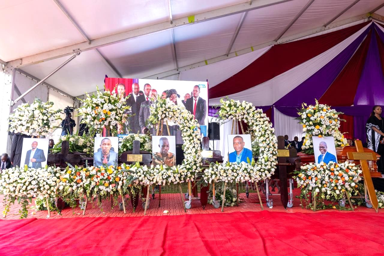 President William Ruto addressing mourners during the joint funeral service for victims of the Nandi County helicopter crash in Naro teacher