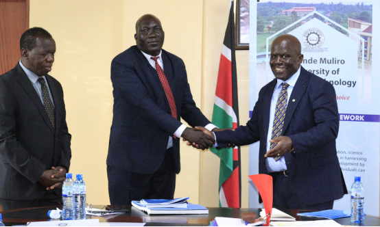 Prof. Christopher Ngacho (centre) taking over DVC office from Prof. Peter Bukhalal (r)