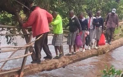 Pupils crossing a wooden bridge in Bomet County. Parents in Bomet County have been urged to closely monitor their children as heavy rains continue to pound the region, raising fears of flooding and dangerous river crossings.