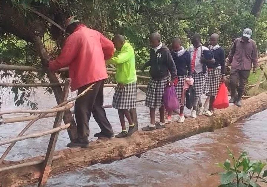 Pupils crossing a wooden bridge in Bomet County. Parents in Bomet County have been urged to closely monitor their children as heavy rains continue to pound the region, raising fears of flooding and dangerous river crossings.