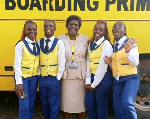 Lugulu Comprehensive School headteacher Jane Ngichabe together with learners who presented the narrative at National level pose for a photo. Photos/Godfrey Wamalwa